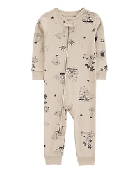 Toddler Boy Pirate Boat Snug Fit Cotton Footless 1-Piece Pajamas - Khaki