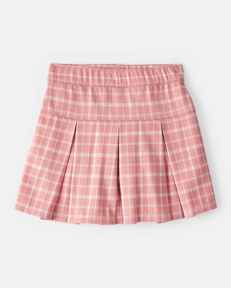 Girls 2-Piece Embroidered Heart Tee & Plaid Pleated Skirt Set - Pink