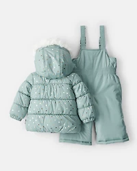 Baby Girl 2-Piece Polka Dot Hooded Snowsuit Jacket & Bib Set - Green