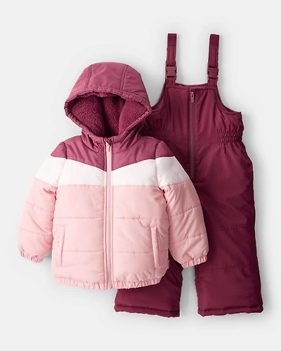 Toddler Girl 2-Piece Color Block Hooded Snowsuit Jacket & Bib Set - Pink/Red