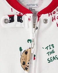 Toddler Brown Santa Milk & Cookies 100% Cotton Long-Sleeve Snug Fit 1-Piece Pajamas - White