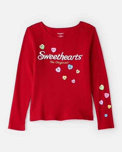 Girls Candy Heart Long-Sleeve Rib Top - Red