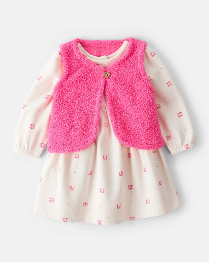 Baby Girl 2-Piece Floral Motif Sherpa Long-Sleeve Dress Set - White/Pink