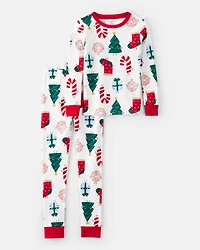 Kid Festive Friends Santa Christmas 100% Cotton Long-Sleeve Snug Fit 2-Piece Pajamas - White