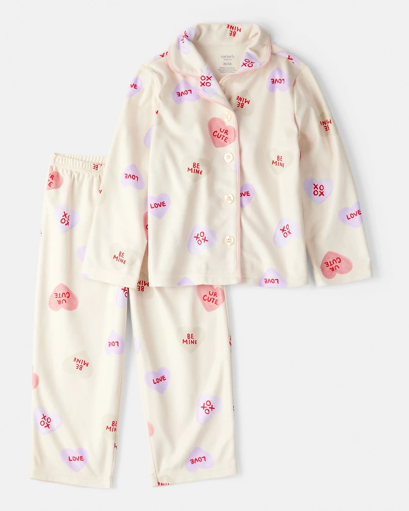 Toddler Girl Candy Hearts Fleece Loose Fit 2-Piece Pajamas - Ivory