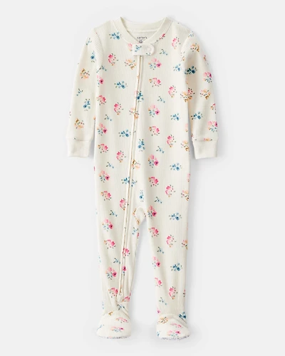 Toddler Girl Floral Cotton Long-Sleeve Snug Fit 1-Piece Pajamas - White