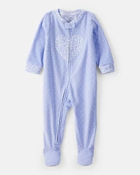 Baby Girl Heart Print Loose Fit Long-Sleeve 2-Way Zip 1-Piece Pajamas - Blue