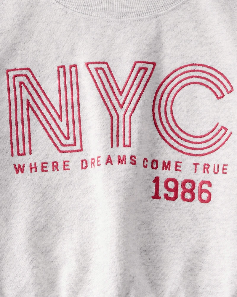 Girls 2-Piece NYC Graphic Sweatshirt & Drawstring Pants Set - Grey