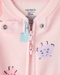 Baby Girl Monster 100% Cotton Snug Fit 2-Way Zip Footie 1-Piece Pajamas - Pink