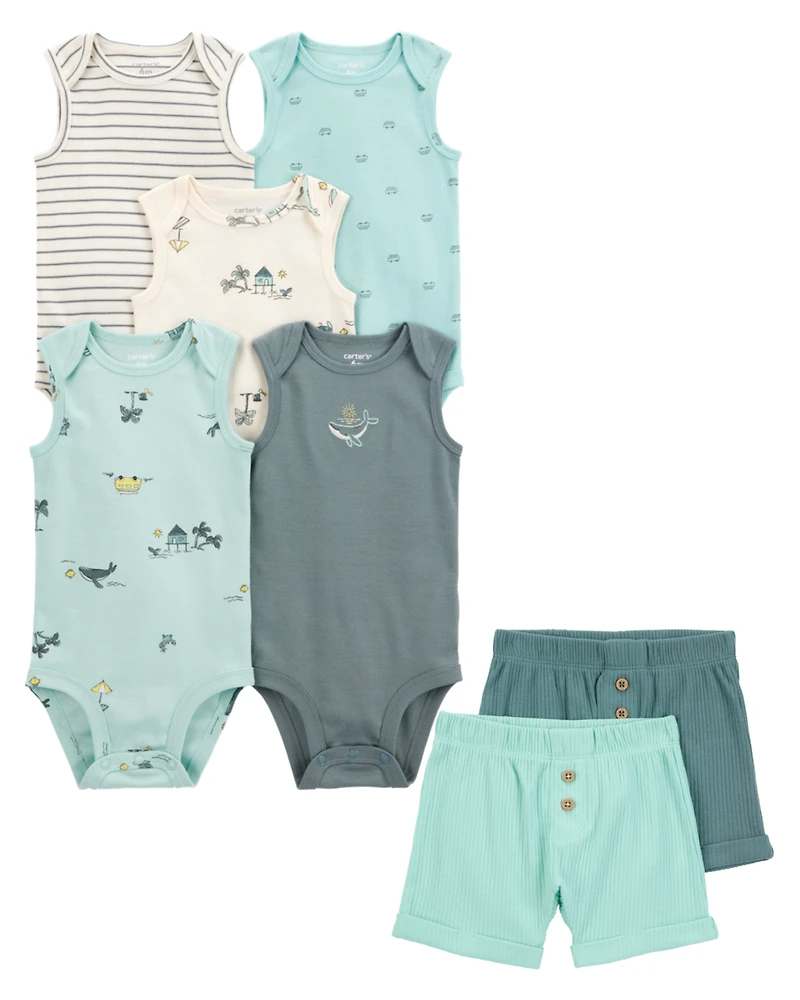 Baby 7-Piece Ocean Print Sleeveless Bodysuits & Shorts Set