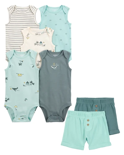Baby 7-Piece Ocean Print Sleeveless Bodysuits & Shorts Set