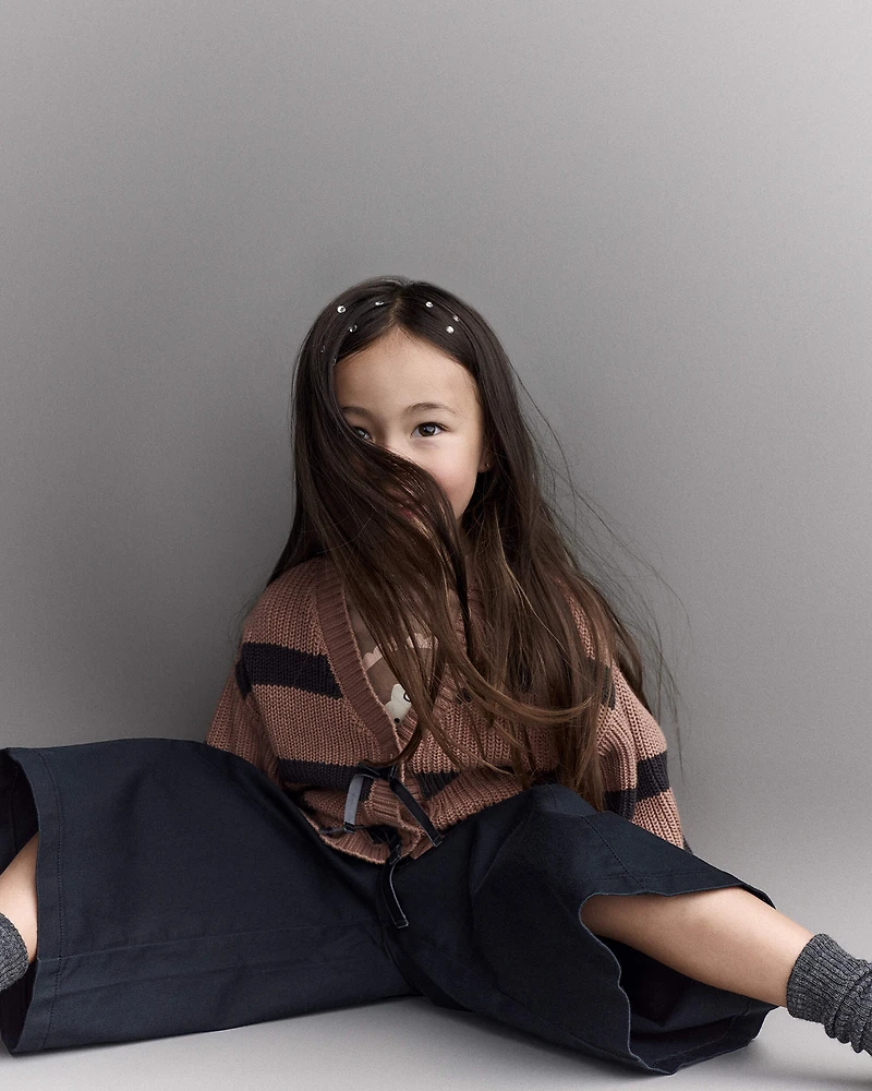 Toddler Girl Striped Puff-Sleeve Cardigan with Bows - Mocha Brown/Black