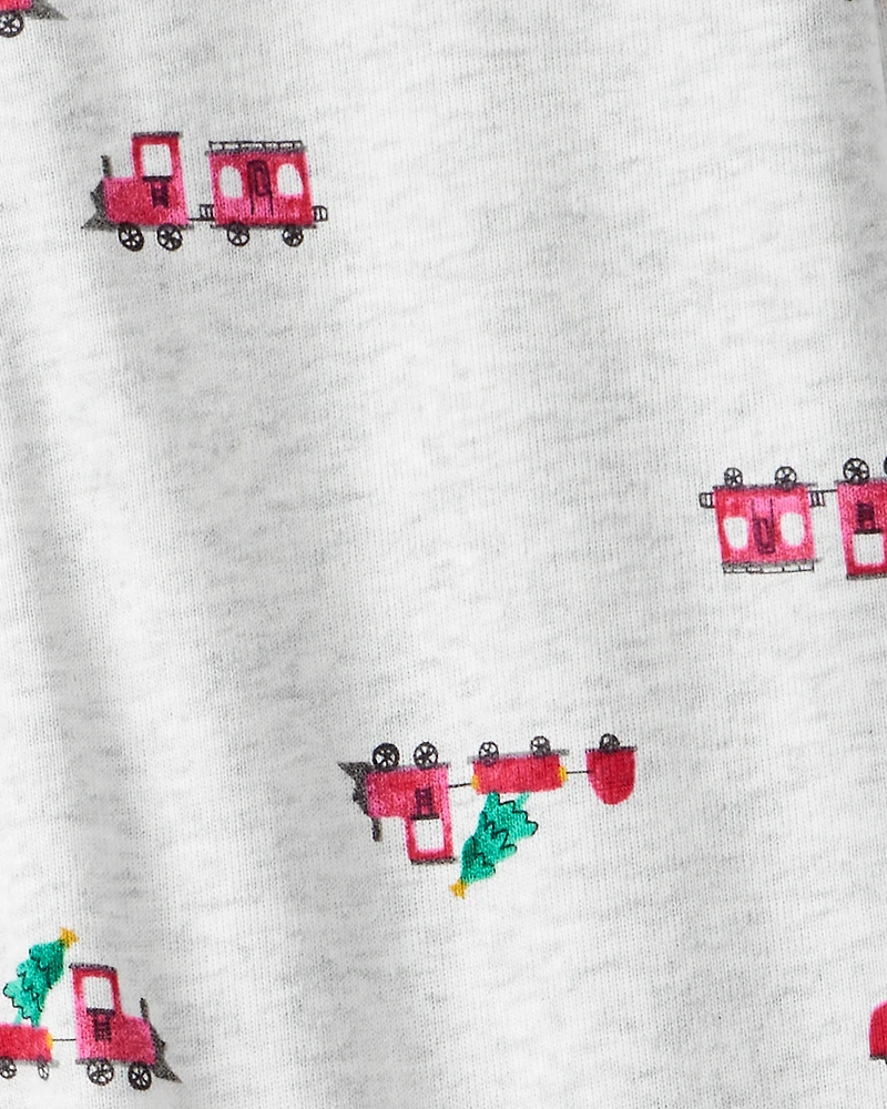 Baby Boy Train Print Cotton Long-Sleeve Snug Fit 1-Piece pyjamas - Grey