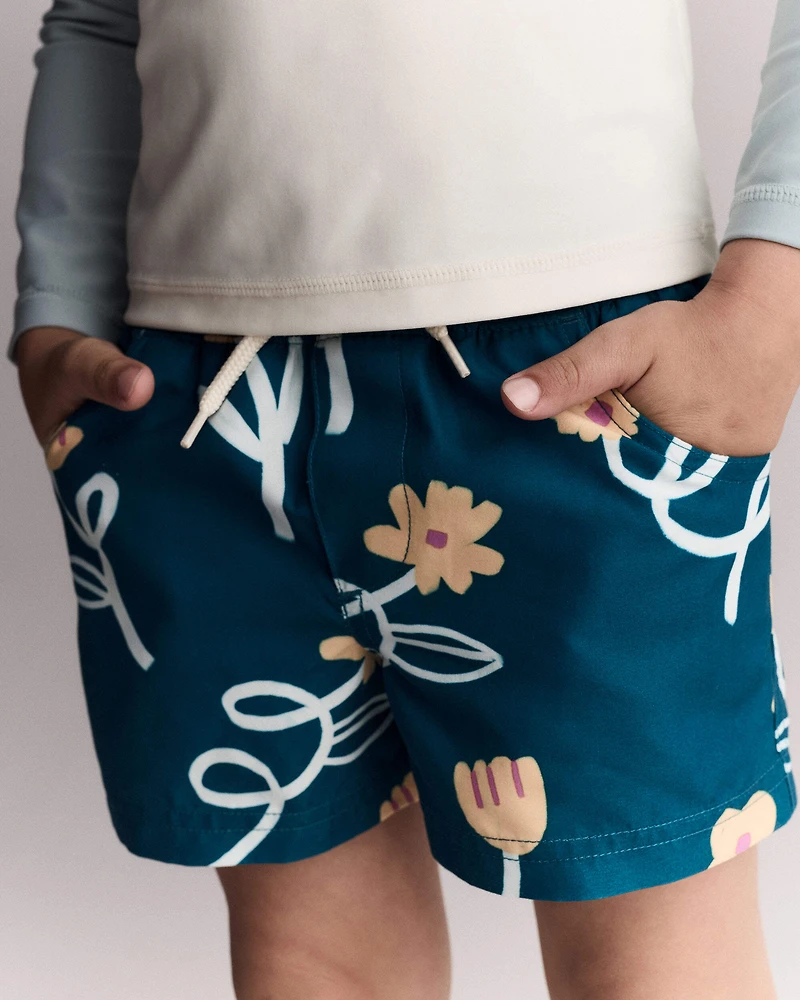Toddler Boy Swim Trunk Floral Print - Teal