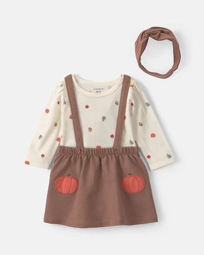 Baby Girl 3-Piece Thanksgiving Long-Sleeve Dress Set - Brown