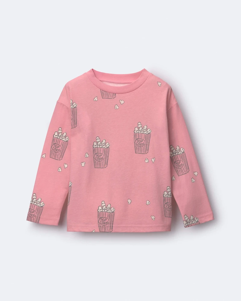 Toddler Girl Long-Sleeve Relaxed Graphic Tee Popcorn Print - Light Pink