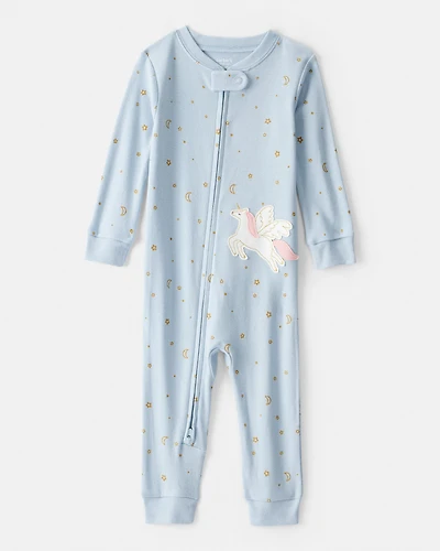 Toddler Girl Unicorn Star Print 100% Cotton Long-Sleeve 2-Way Zip 1-Piece Pyjamas - Blue