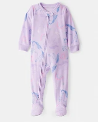 Baby Girl Unicorn Print Loose Fit Long-Sleeve 2-Way Zip 1-Piece pyjamas - Purple