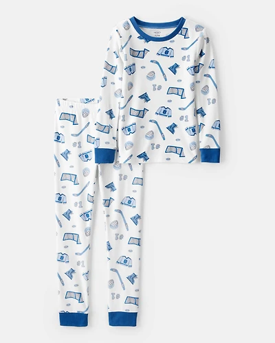 Boys Hockey Print Fleece Long-Sleeve 2-Piece Pyjamas – Blue