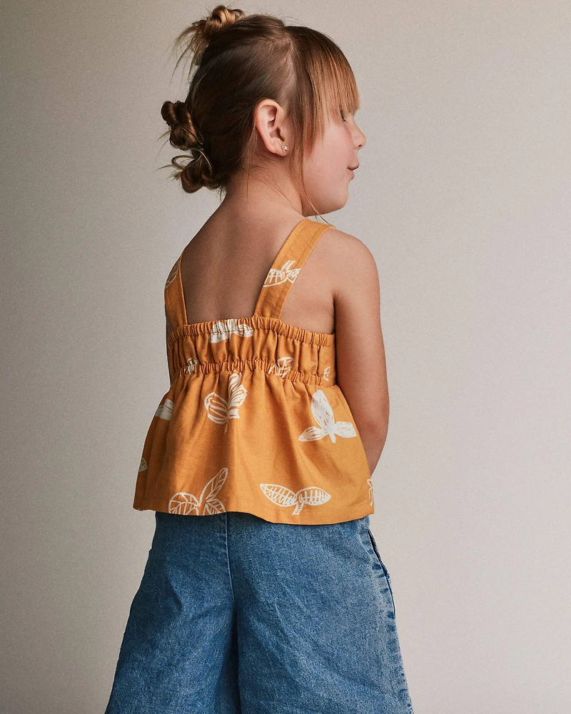 Toddler Girl Peplum Tank Top Plant Print - Mustard Yellow