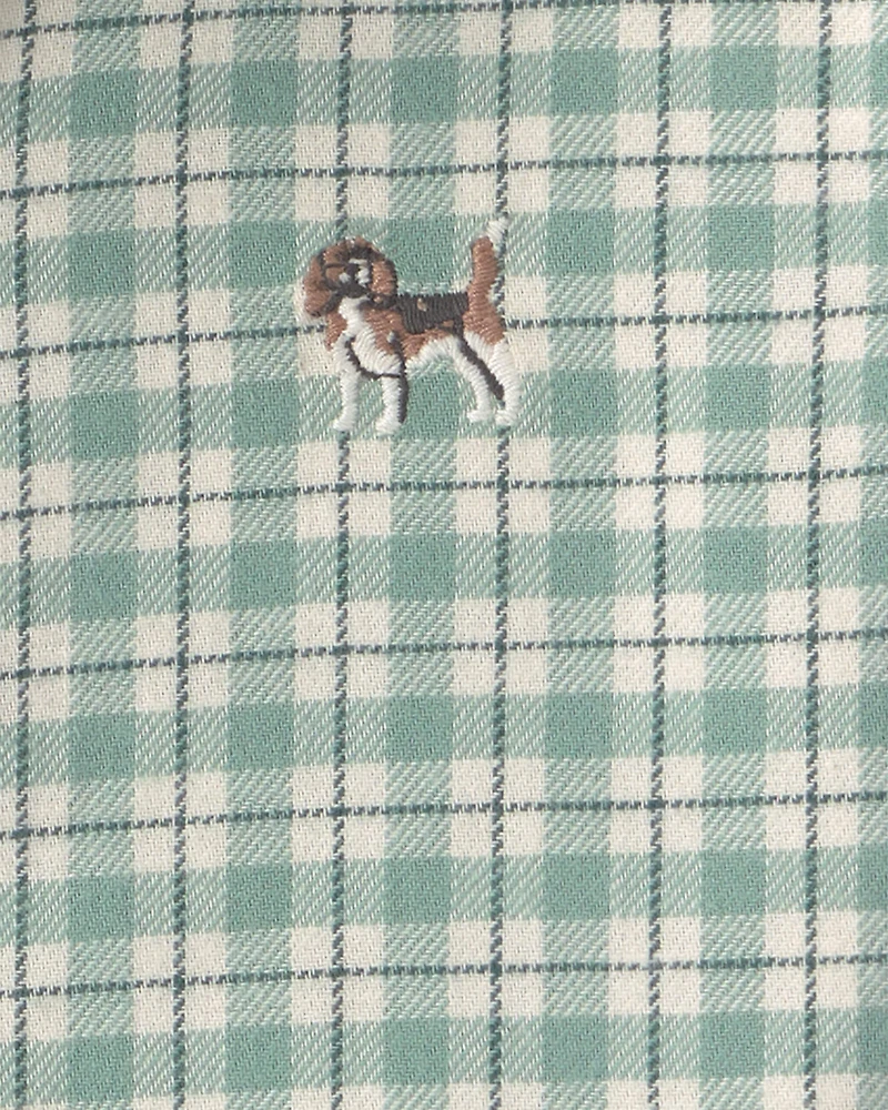 Toddler Boy Dog Plaid Flannel Button-Down Shirt - Green/White