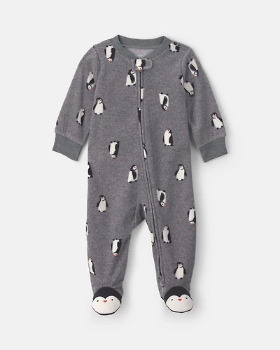 Baby Boy Penguin Fleece 2-Way Zip Sleeper - Grey