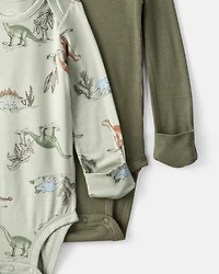 Baby Boy 2-Pack Dinosaur Print PurelySoft Long-Sleeve Multipack Bodysuits - Green