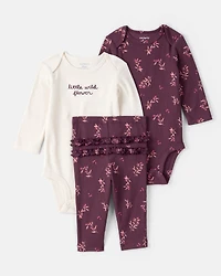 Baby Girl 3-Piece Floral Long-Sleeve Bodysuit & Pant Set - Purple/White
