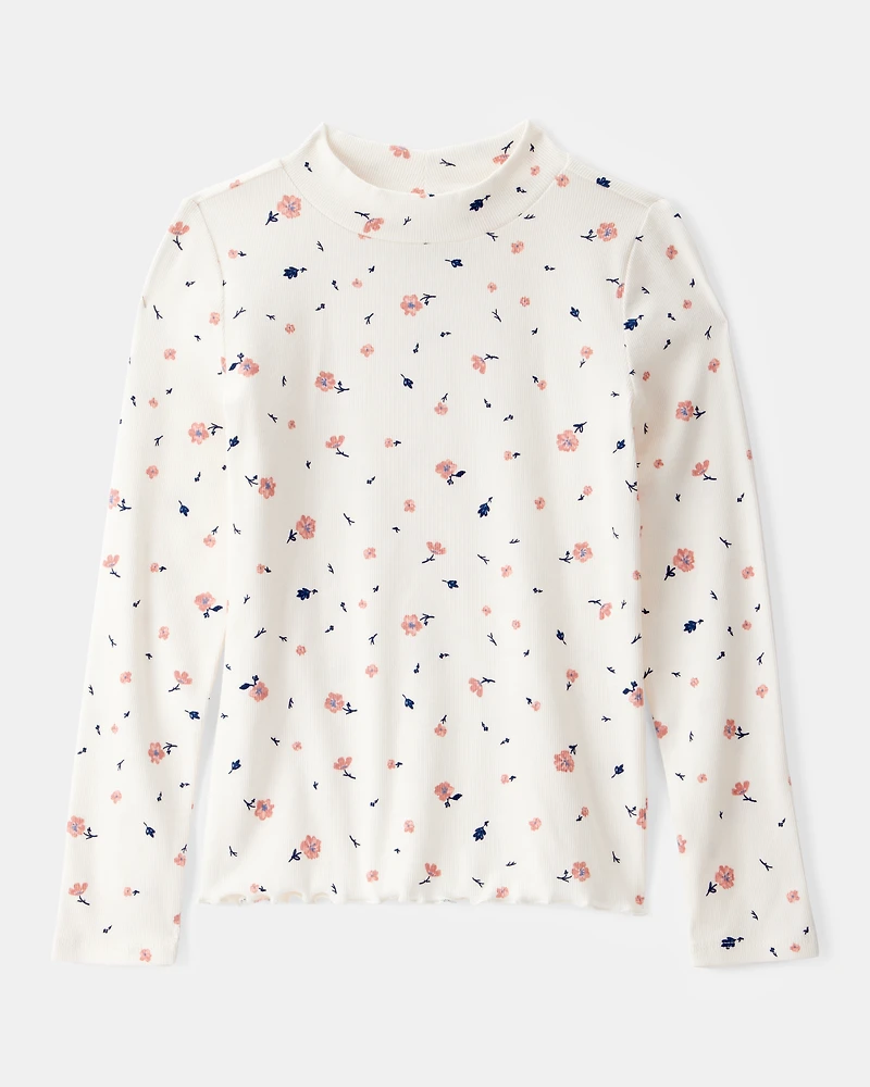 Girls Mock Neck Floral Print Long-Sleeve Top - White