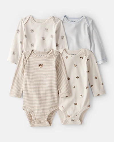 Baby 4-Pack Snack Time Long-Sleeve Multipack Bodysuits - Blue/White/Brown