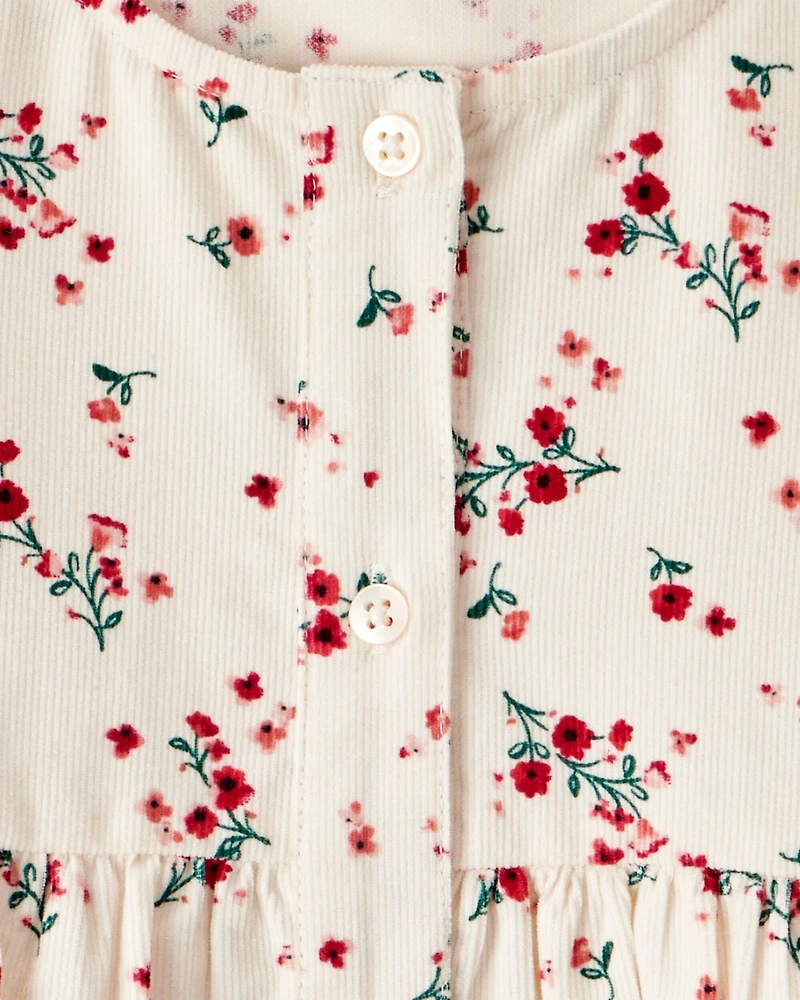 Toddler Girl Floral Print Corduroy Long-Sleeve Dress - White