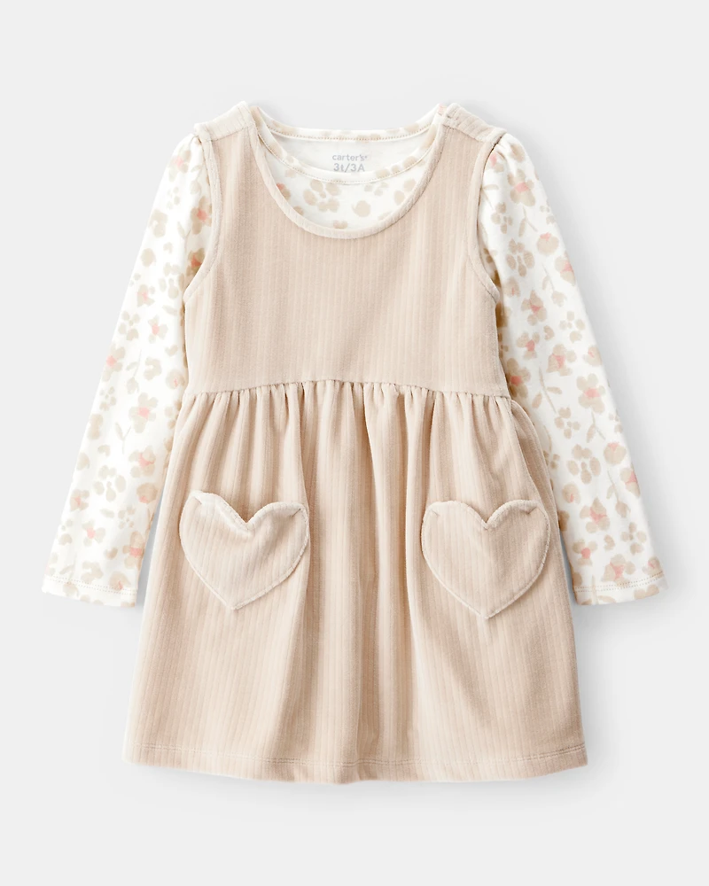Toddler Girl Floral Velour Dress Set - Tan