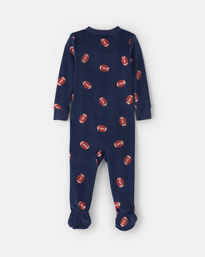 Baby Boy 1-Piece Football 2-Way Zip DreamPlush Snug Fit Footed Pyjama - Navy Blue