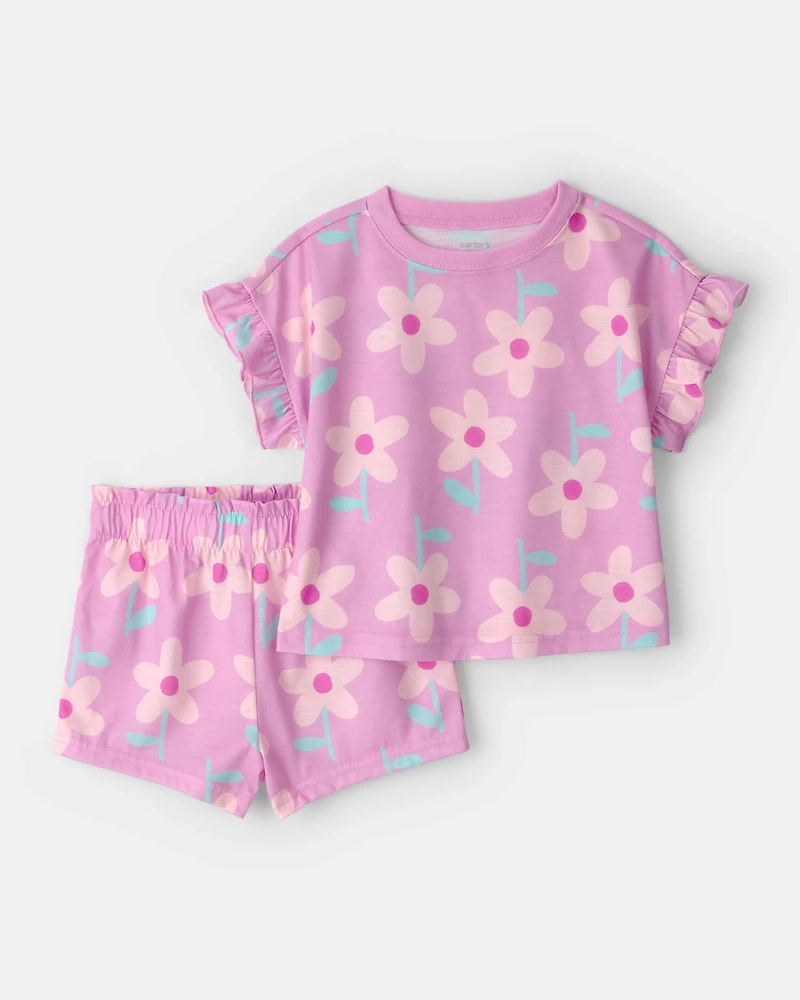 Toddler Girl Floral Short-Sleeve Loose Fit 2-Piece pyjama Set - Pink