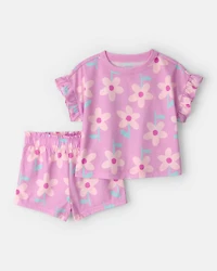 Toddler Girl Floral Short-Sleeve Loose Fit 2-Piece pyjama Set - Pink