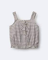 Toddler Girl Gingham Peplum Top with Bows - Cream/Grey