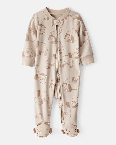Baby Boy Mammoth Print 100% Cotton Long-Sleeve Snug Fit Sleeper - Beige