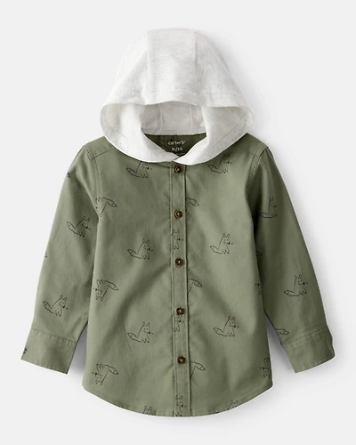 Toddler Boy Racoon Print Cotton Long-Sleeve Hooded Button-Down Shirt - Green