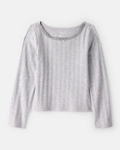 Girls Pointelle Long-Sleeve Top - Grey
