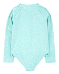 Toddler Girl 1- Piece Floral Long-Sleeve Rashguard Swimsuit - Blue
