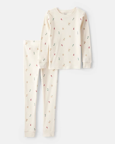 Kid Christmas Print Cotton Long-Sleeve Snug Fit 2-Piece pyjamas - White