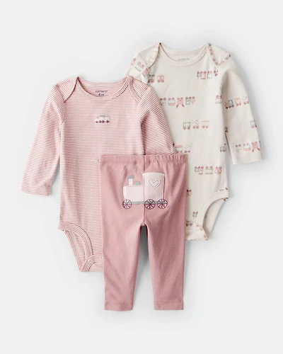 Baby Girl 3-Piece Train Print Long-Sleeve Bodysuit & Pant Set - Pink