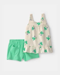 Toddler Girl 2-Piece Fish Ruffle Top & Short Set - Green/White
