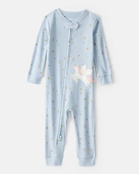Baby Girl Unicorn Star Print 100% Cotton Long-Sleeve 2-Way Zip 1-Piece Pyjamas - Blue