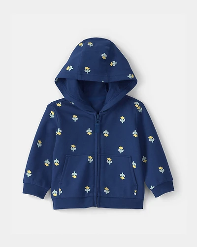 Baby Girl Floral French Terry Hooded Zip-Up Jacket - Blue