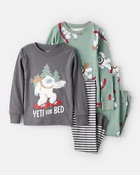 Toddler Boy Yeti Print 100% Cotton Long-Sleeve Snug Fit 4-Piece pyjamas - Grey/Green