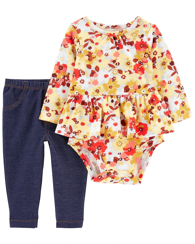 2-Piece Floral Print Ruffle Bodysuit Set