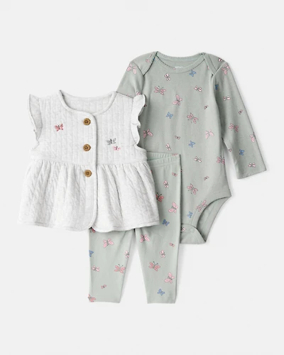 Baby Girl 3-Piece Butterfly Vest Outfit Set - Green