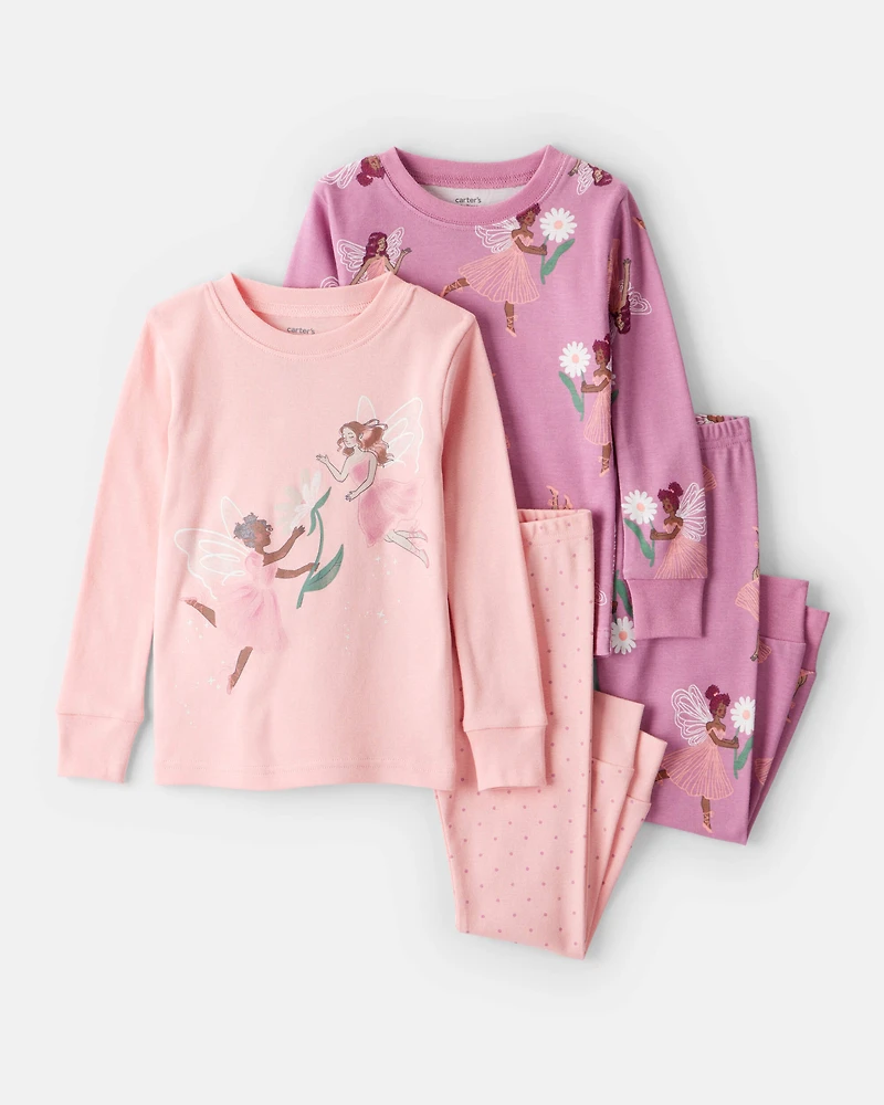 Toddler Girl Fairy Floral 100% Cotton Long-Sleeve Snug Fit 4-Piece Pyjamas - Pink/Purple