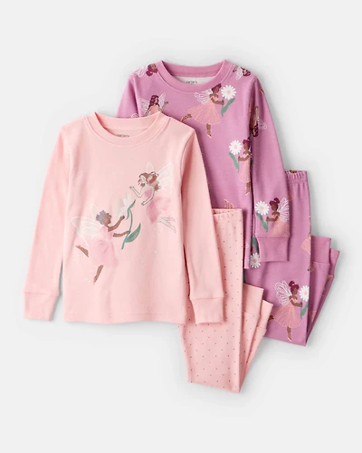 Toddler Girl Fairy Floral 100% Cotton Long-Sleeve Snug Fit 4-Piece Pyjamas - Pink/Purple